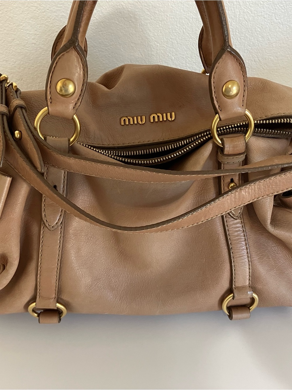 Miu Miu Taupe Brown Leather Shoulder Bag with Gold Hardware